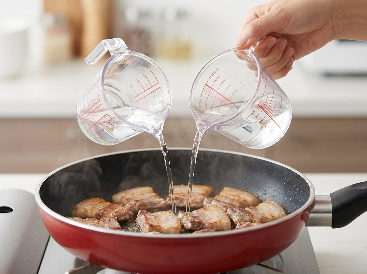 Eau versée dans une poêle contenant le porc cuit.