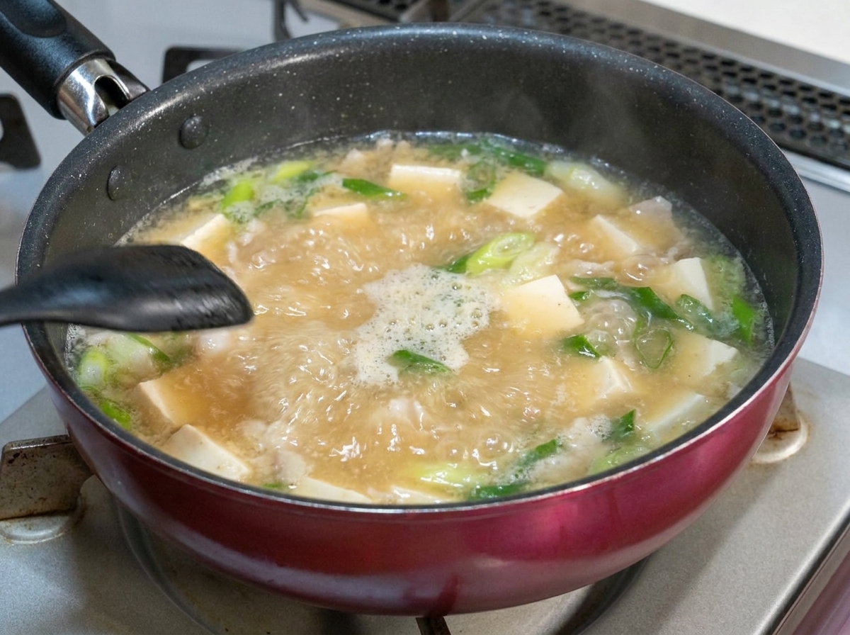 Pâte de miso et sauce aux piments se dissolvant dans le bouillon mijotant.
