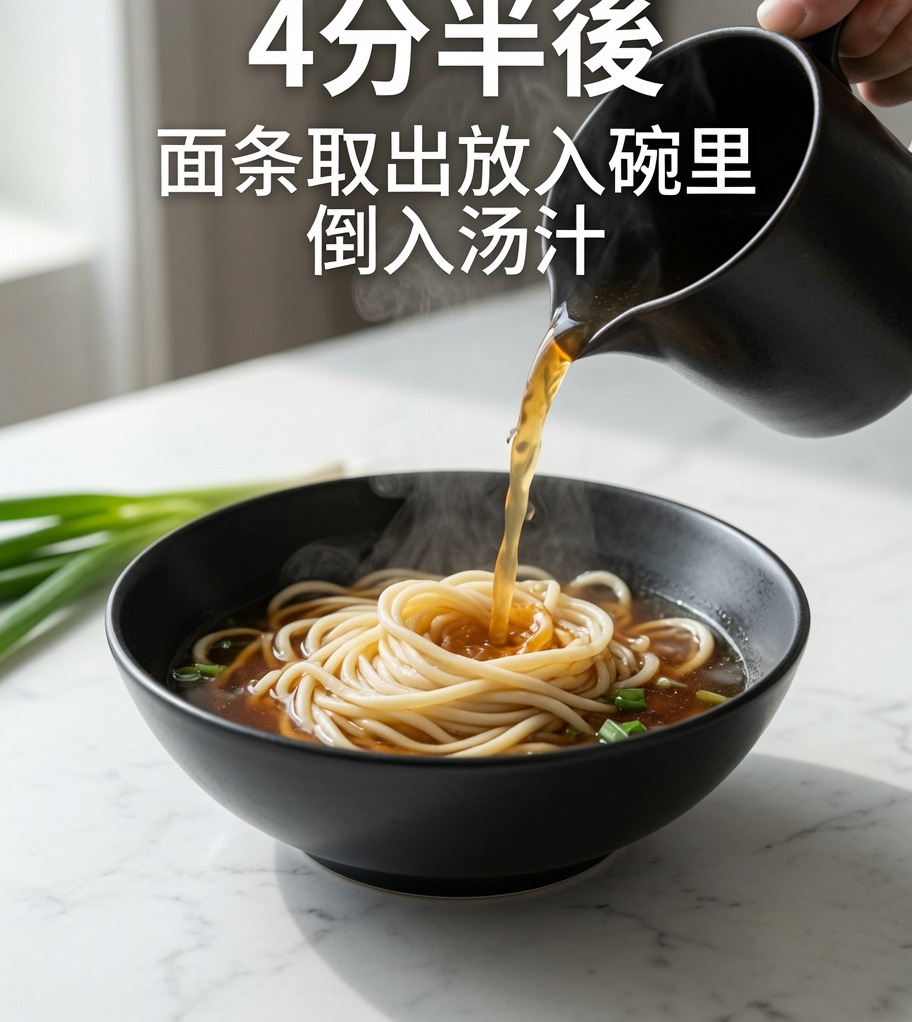 Bouillon savoureux et chaud versé sur un bol de nouilles cuites.
