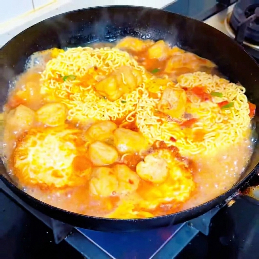 Des nouilles sèches et un œuf frit bouillant dans un bouillon de tomates et palourdes.