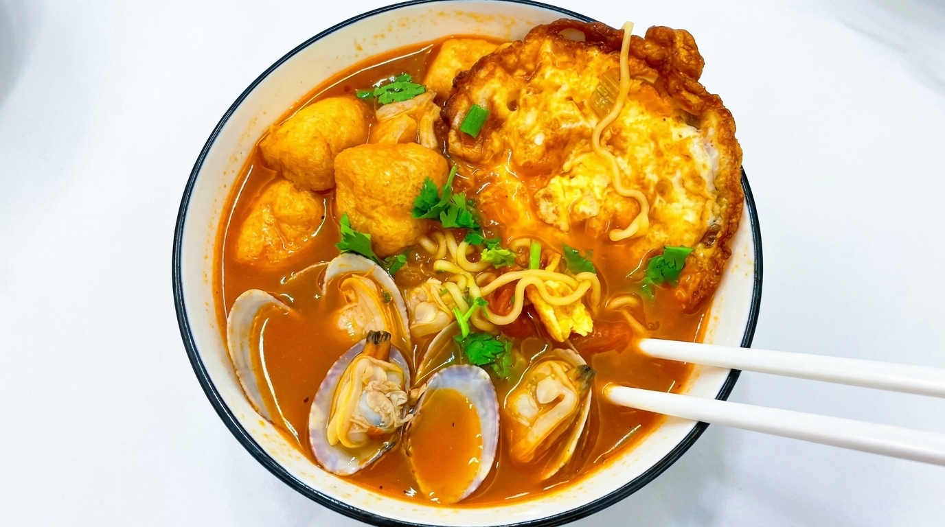 Soupe de nouilles aux palourdes et tomates en 10 minutes
