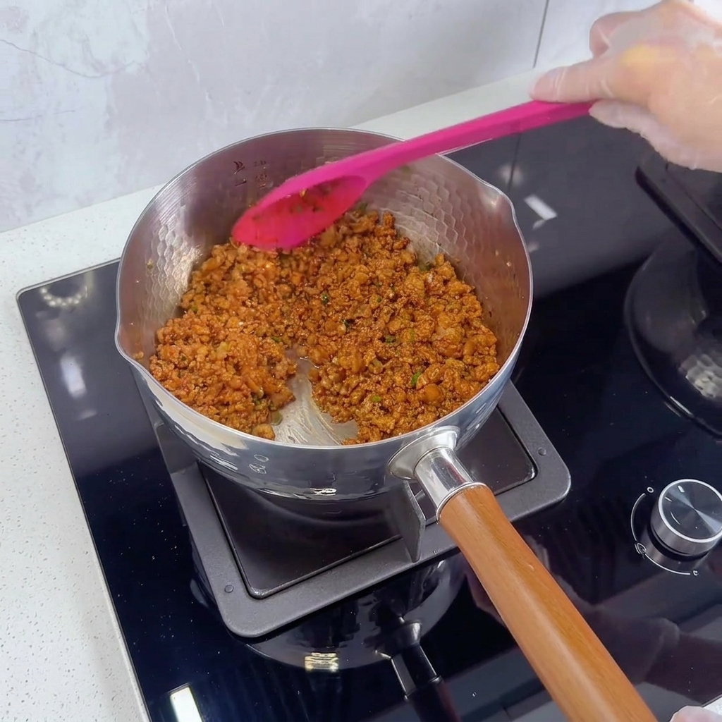 Sauce à la viande terminée en cours de mélange dans la poêle.