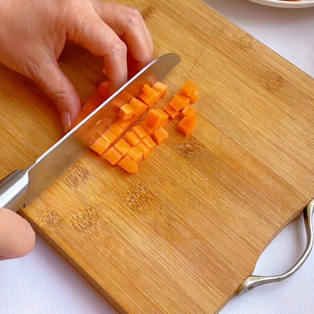 Filet de saumon cru coupé en cubes réguliers sur une planche à découper.