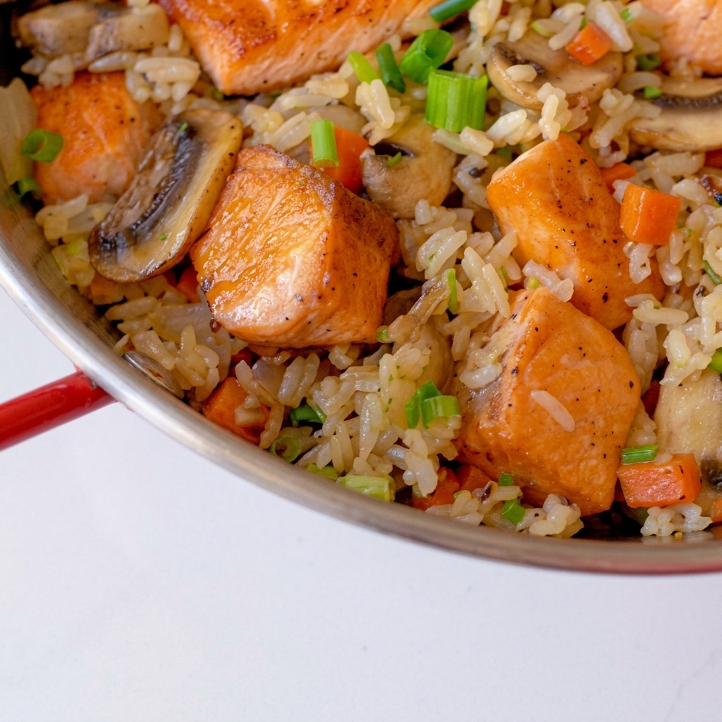 Cubes de saumon ajoutés au riz.