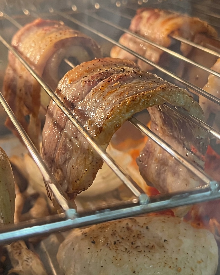 Poitrine de porc rôtie croustillante découpée en morceaux sur une assiette à laide de ciseaux de cuisine.