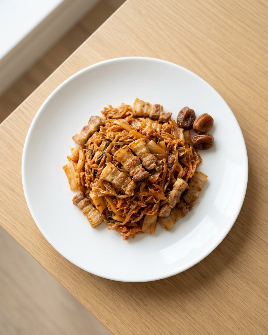 Extrait de prune versé sur le mélange de kimchi rôti et de porc dans une assiette blanche.