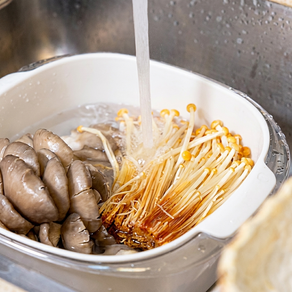 Champignons enoki et pleurotes lavés sous un filet deau dans un évier.
