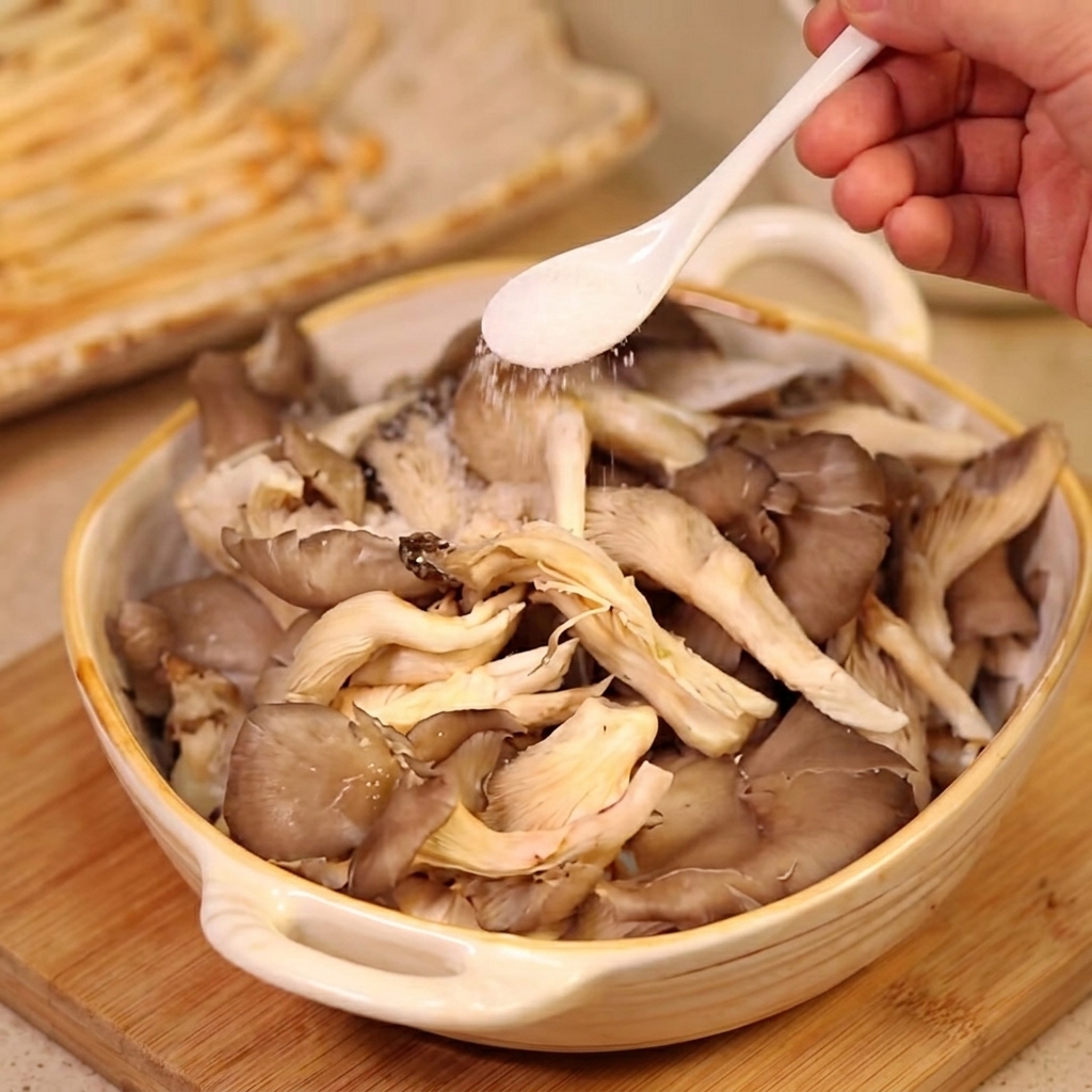 Pleurotes salés à la main dans un bol.
