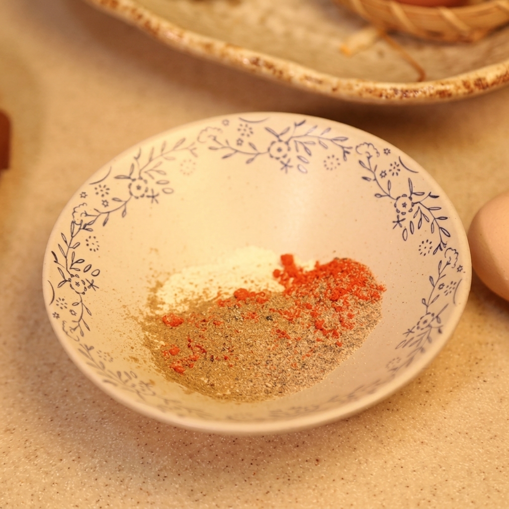Petit bol contenant un mélange de farine, piment rouge et épices.