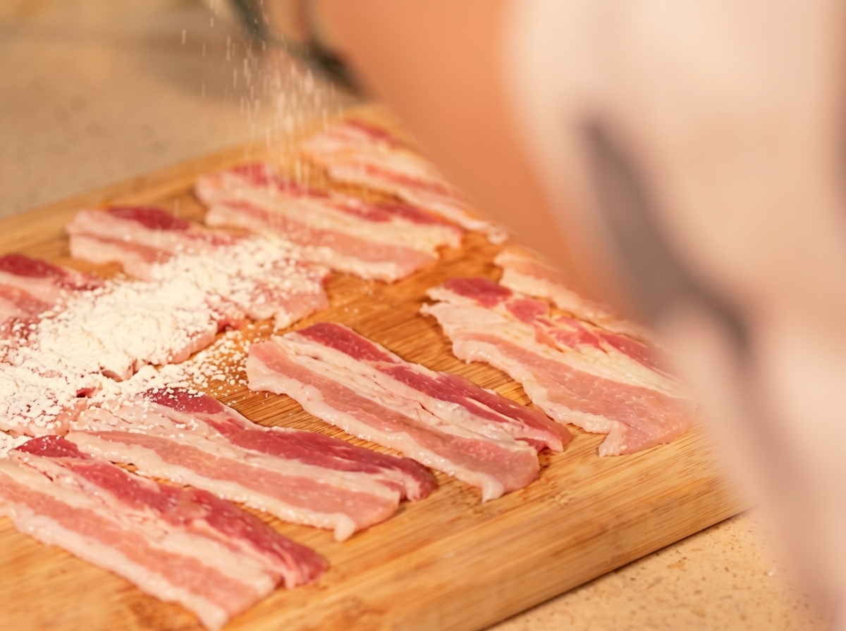 Tranches de poitrine de porc crues sur une planche, saupoudrées damidon.