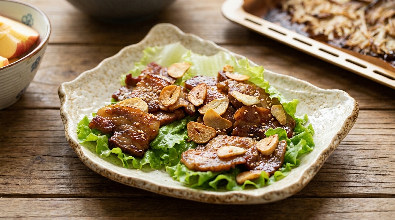 Poitrine de porc à la sauce soja et champignons rôtis croustillants