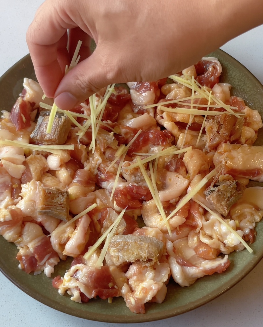 Des bâtonnets de gingembre parsemés sur une assiette de poitrine de porc assaisonnée et de poisson salé, prête pour le cuiseur vapeur.