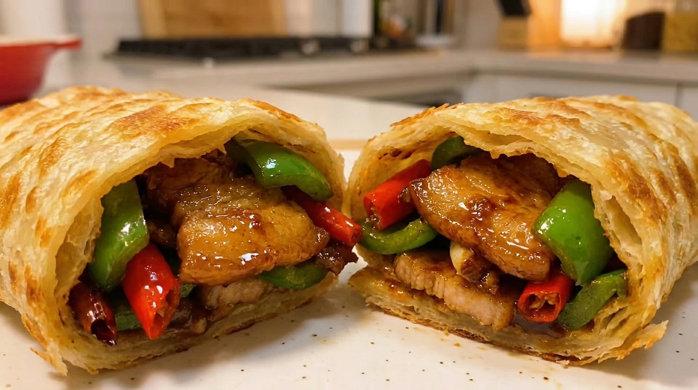 Wrap de crêpe à l'oignon et poitrine de porc épicée
