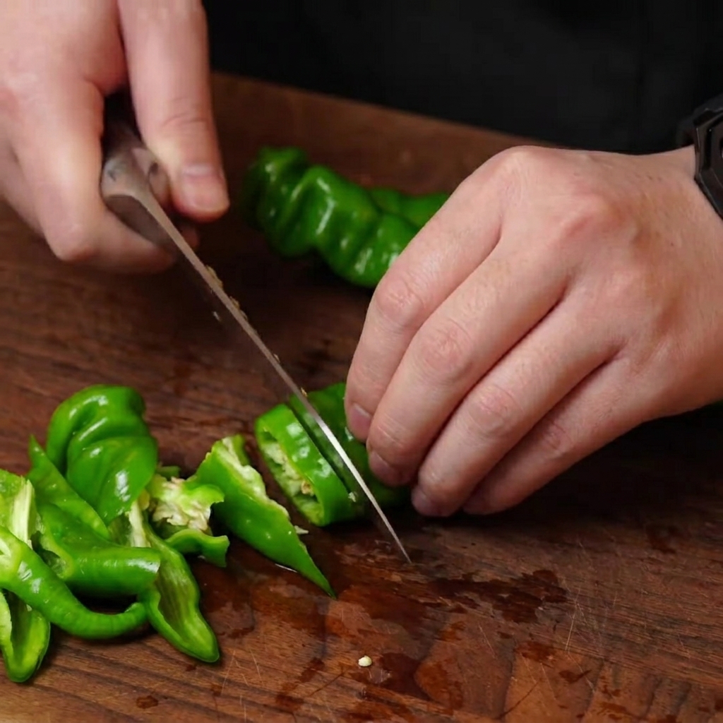 Mains tranchant des piments verts en diagonale sur une planche.