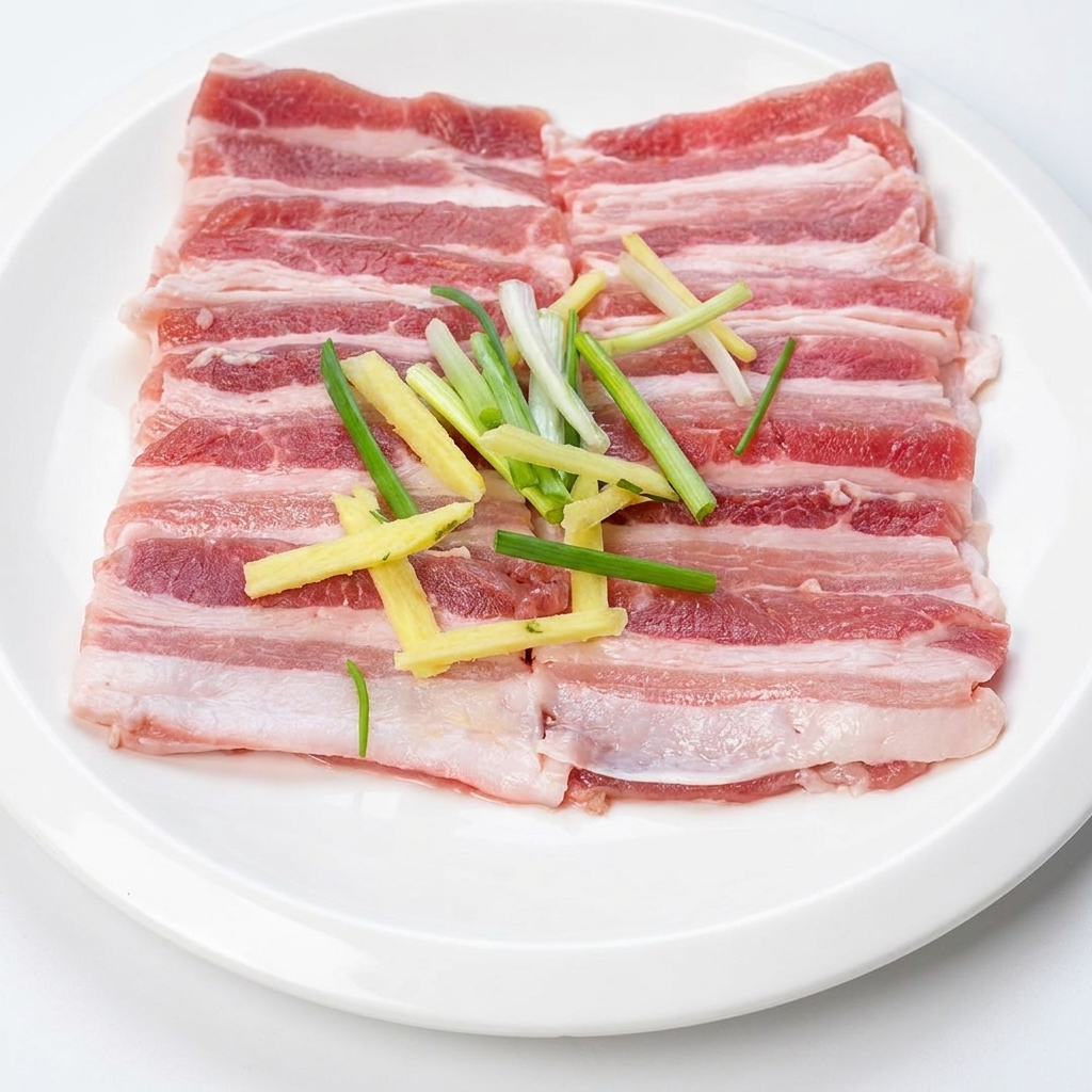 Tranches de poitrine de porc assaisonnées avec du gingembre, de la sauce soja, de la sauce huître et des épices barbecue sur une assiette.