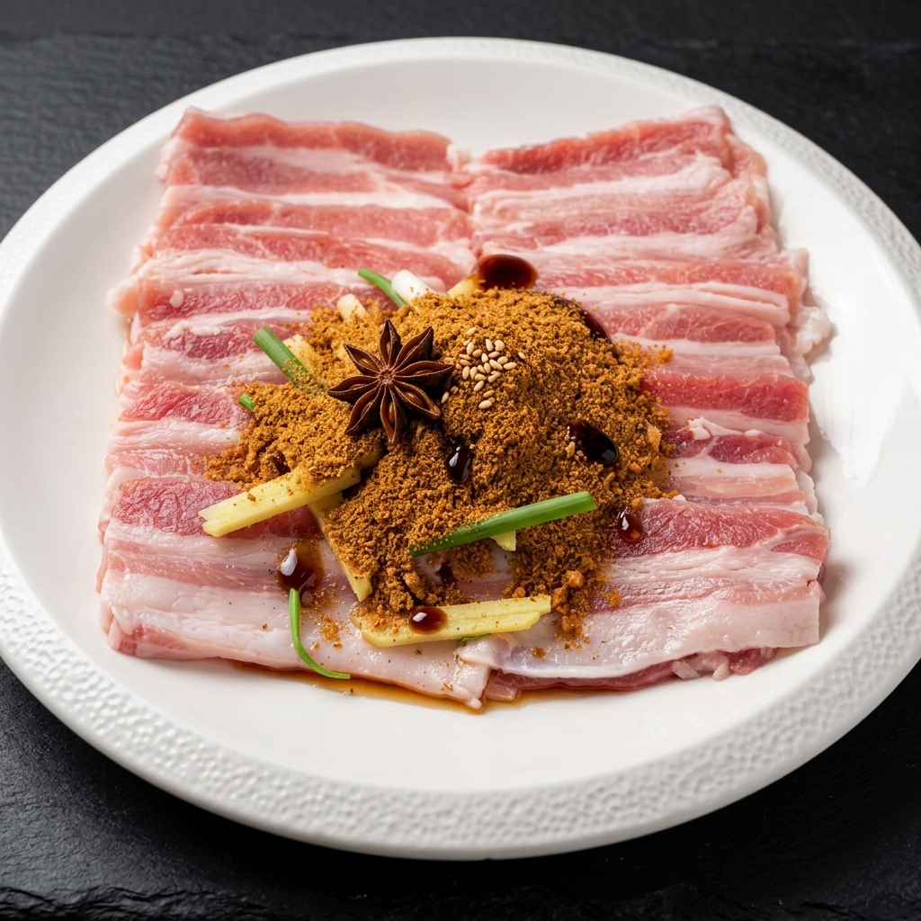 Gros plan de mains mélangeant la poitrine de porc avec la marinade dans un plateau en métal.