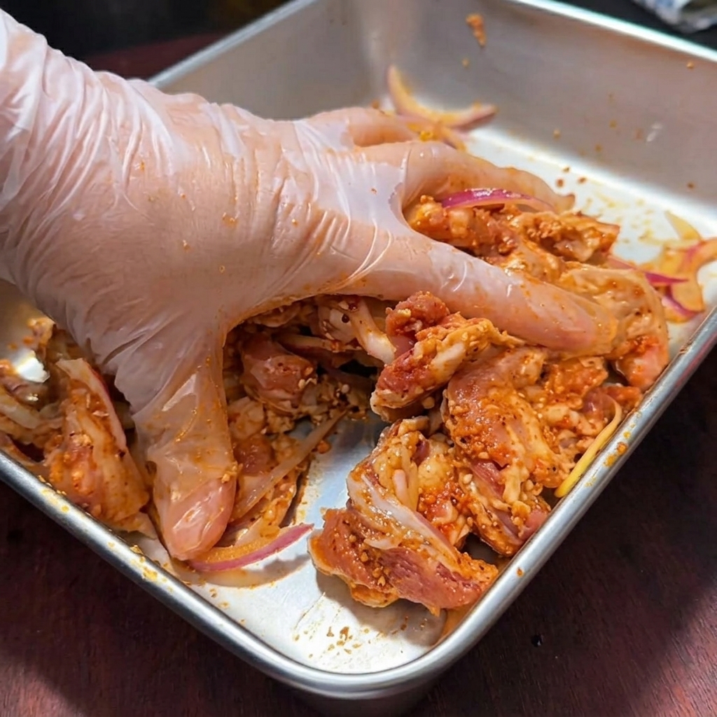 Tranches de porc crues assaisonnées disposées sur une plaque de cuisson recouverte de papier aluminium.