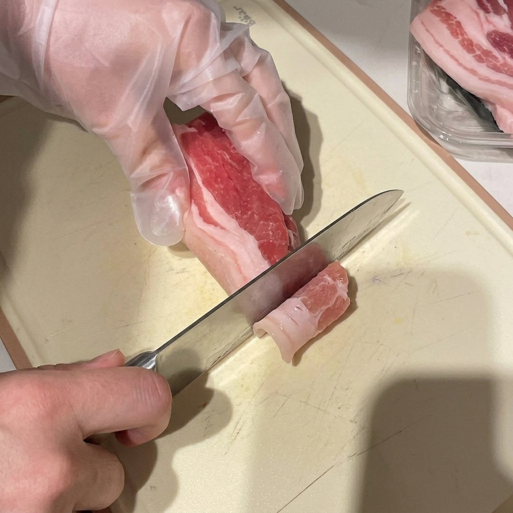 Mains gantées utilisant un couteau de chef pour couper un bloc de poitrine de porc semi-congelée en fines tranches sur une planche à découper.