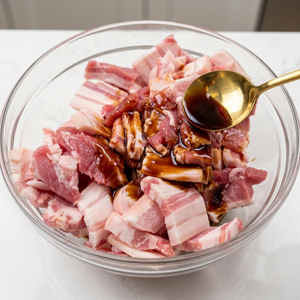 Tranches de poitrine de porc dans un bol mélangeur en verre, mélangées avec des sauces sombres et des assaisonnements à laide dune cuillère dorée.