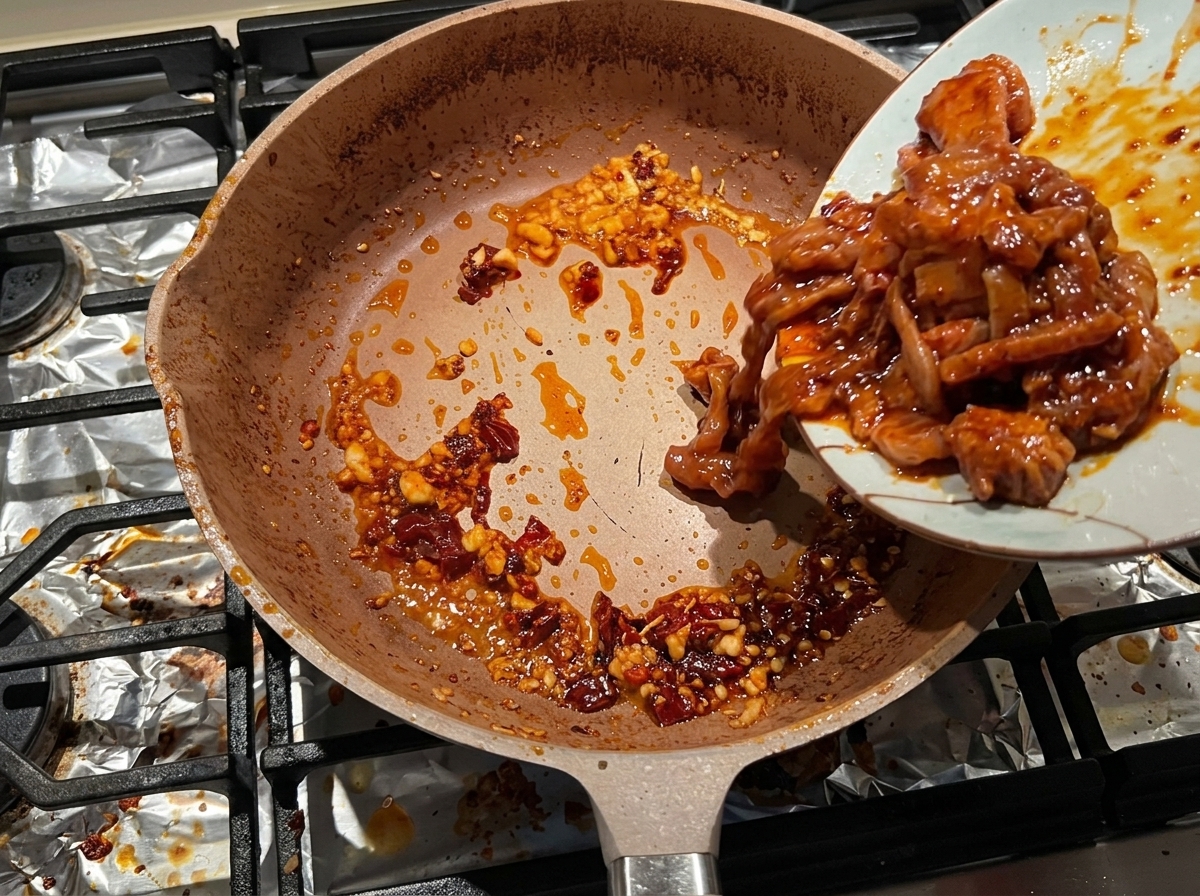 Sauter la poitrine de porc assaisonnée avec les légumes à feu vif.