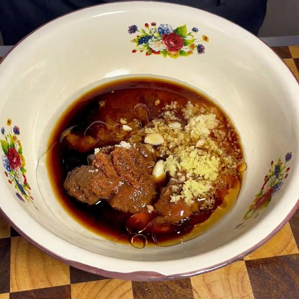 Le mélange de marinade terminé dans le bol, montrant une sauce brune lisse et homogène avec des morceaux daromates visibles.