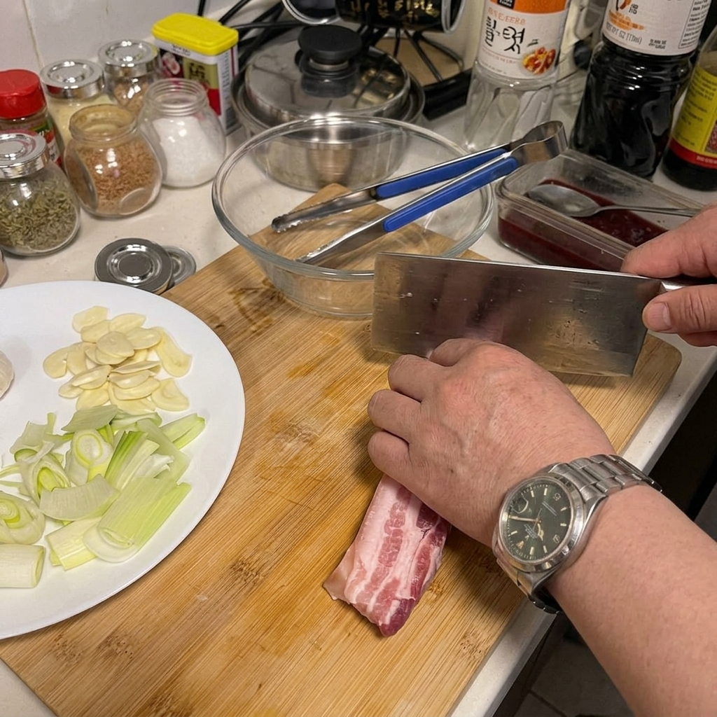 Mains utilisant un grand couteau pour couper des tranches épaisses de poitrine de porc crue sur une planche à découper en bois.