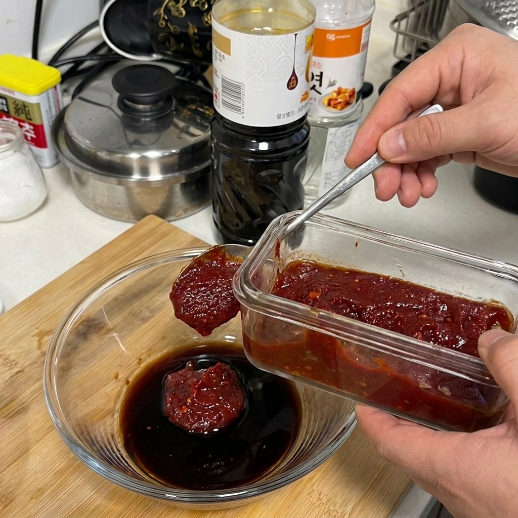 Une cuillerée de pâte de piment rouge épaisse tenue au-dessus dun bol contenant de la sauce soja.
