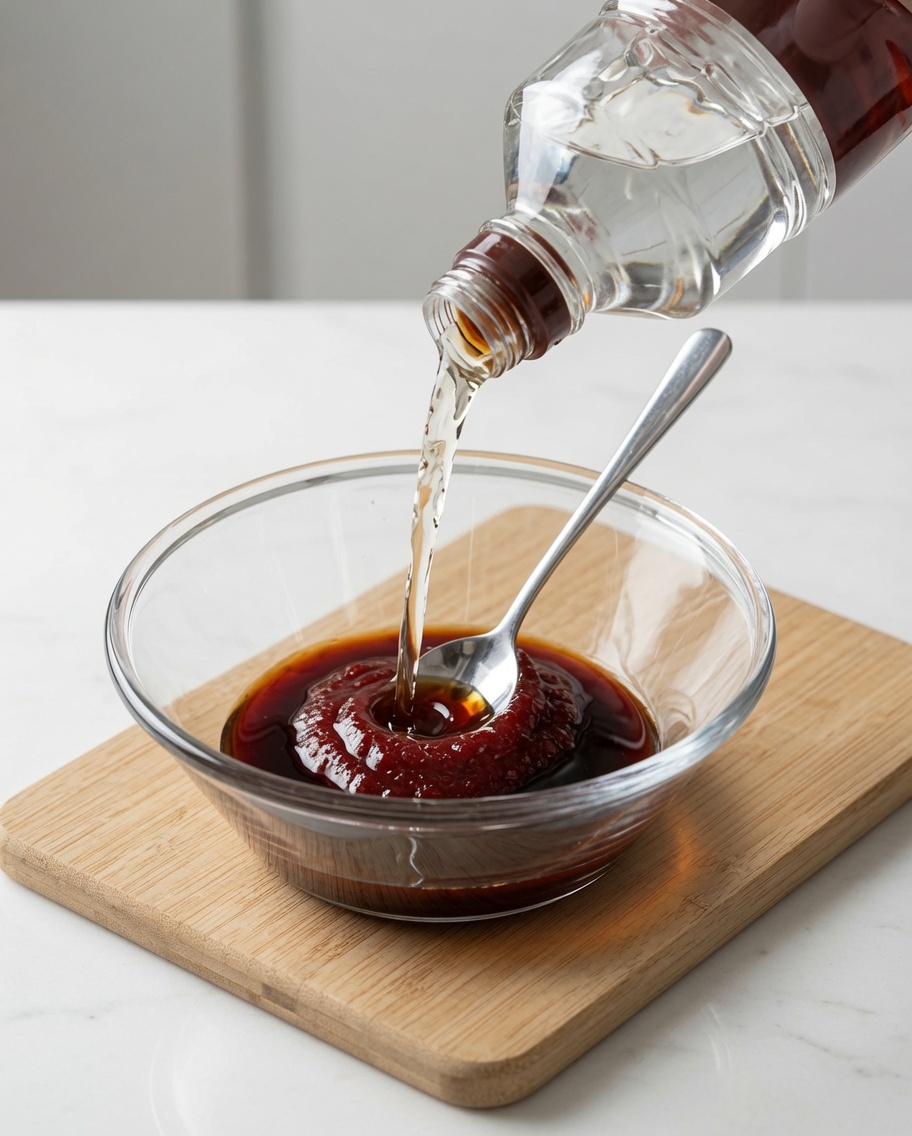 Du sirop de maïs clair versé dans un bol contenant un mélange de pâte de piment rouge.