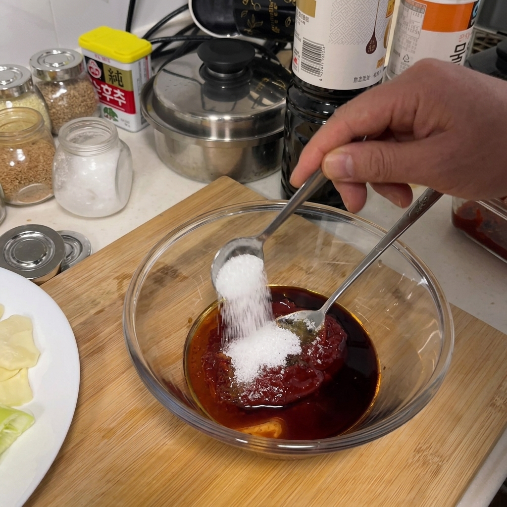 Une cuillère saupoudrant du sucre blanc dans un bol en verre contenant une sauce rouge sombre.