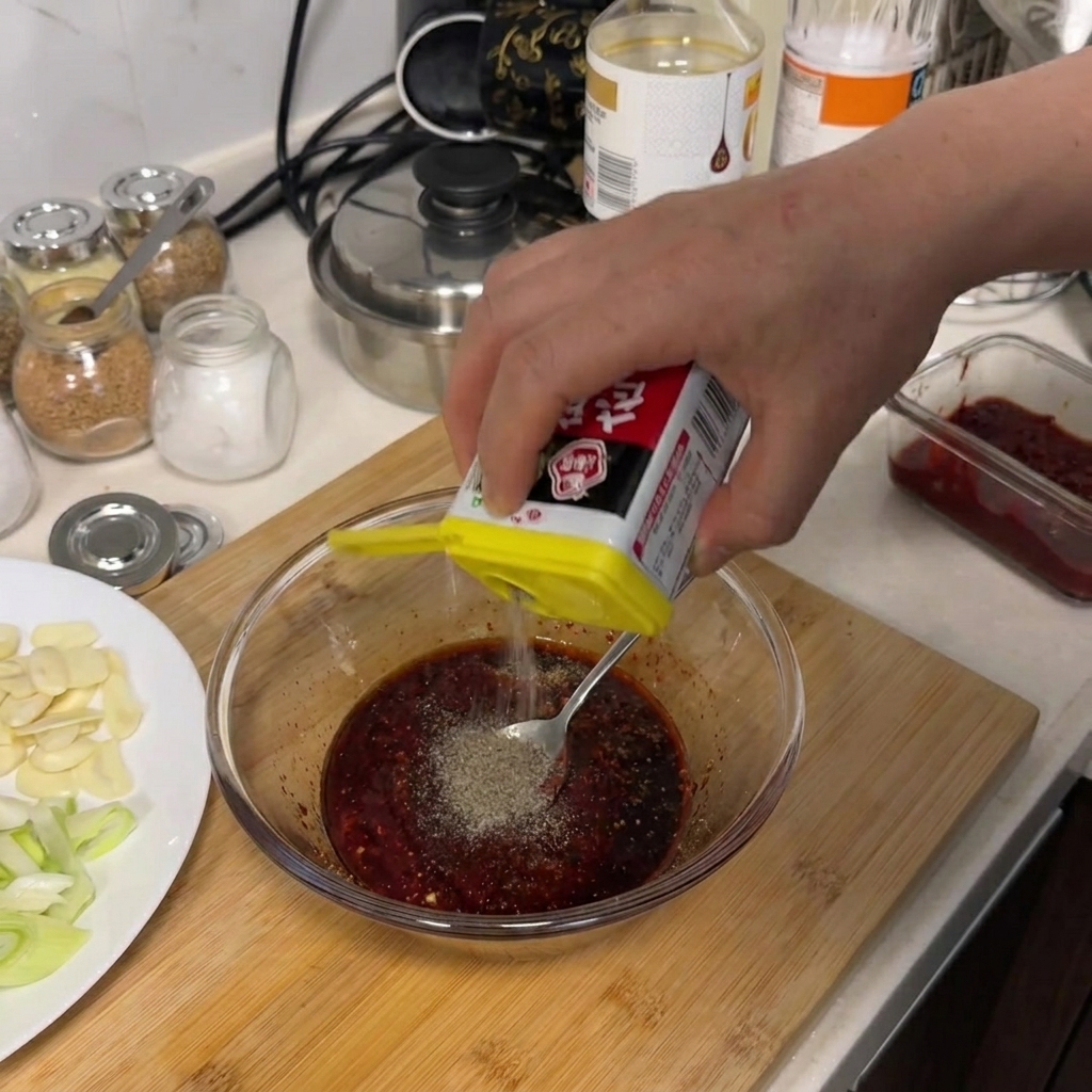 Gros plan sur de la poudre de poivre noir saupoudrée dun récipient jaune dans un bol en verre avec de la sauce rouge.