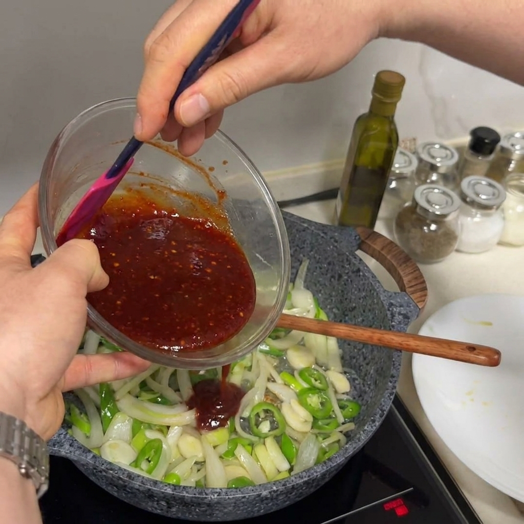 Sauce rouge épaisse versée depuis un bol en verre dans une poêle chaude contenant des légumes sautés.