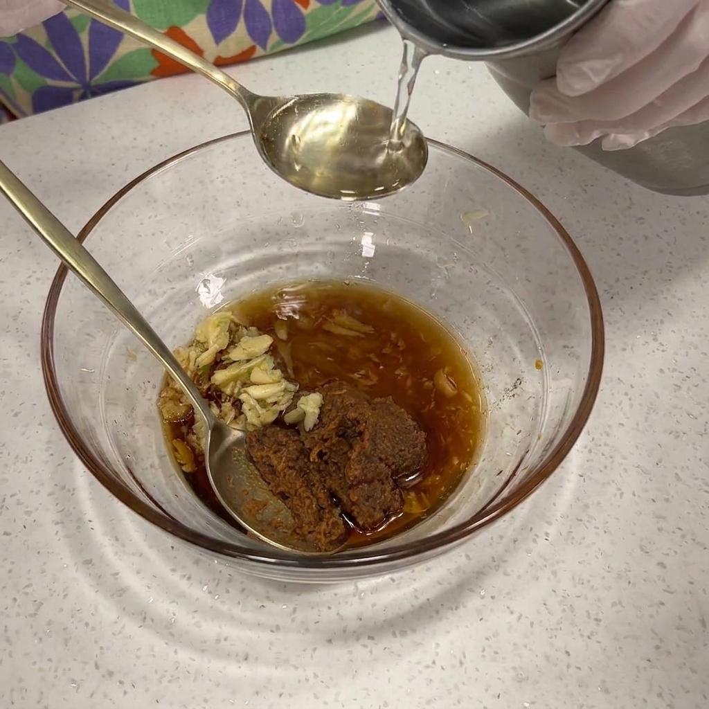 Assaisonnements mélangés dans un bol en verre avec une cuillère en métal.