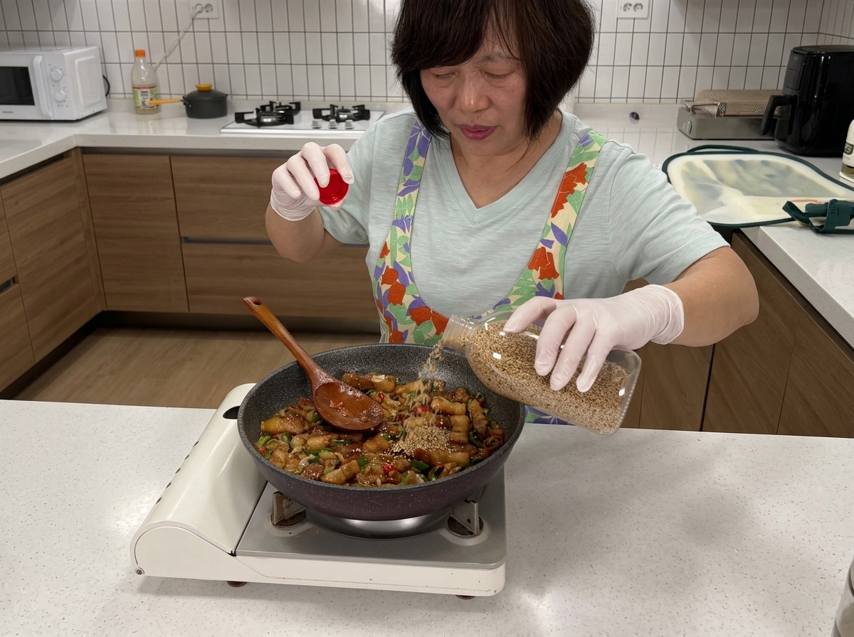 Main saupoudrant des graines de sésame sur le sauté de porc terminé.