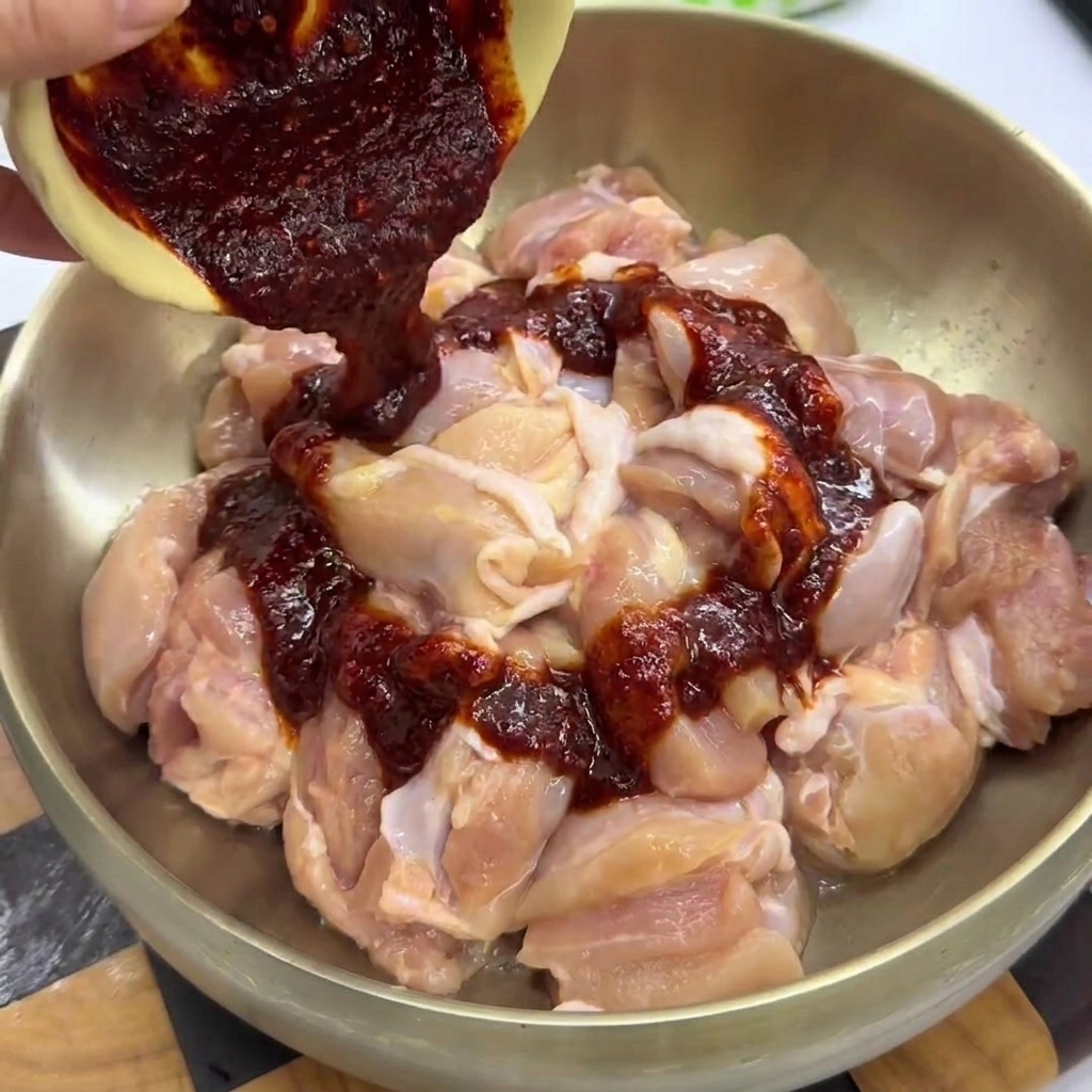 Sauce rouge versée sur les morceaux de poulet dans un grand bol en métal.