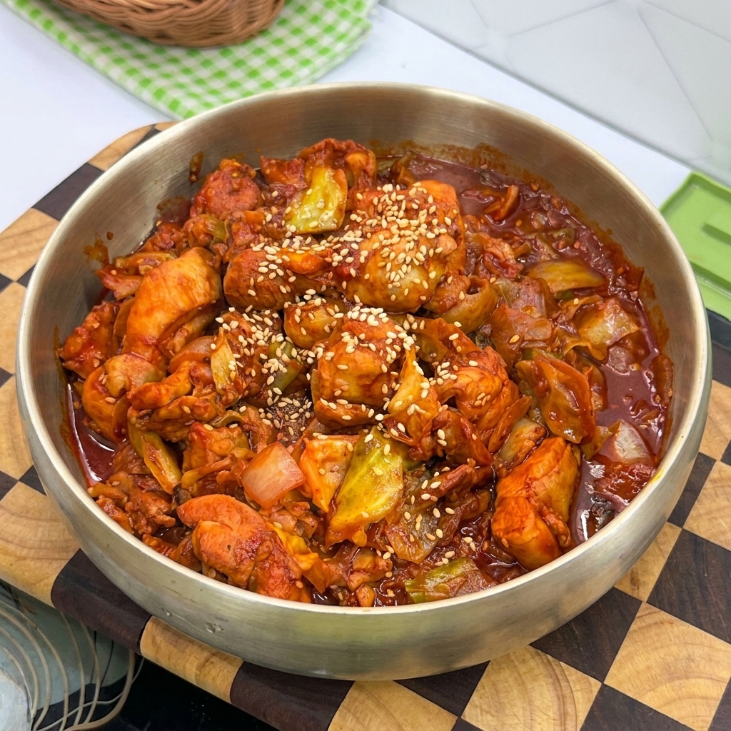 Poulet mariné épicé en train de sauter avec du chou et des oignons dans une poêle en laiton.