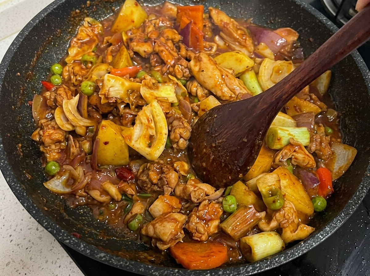 Poulet et légumes mijotant dans une sauce rouge épaisse.