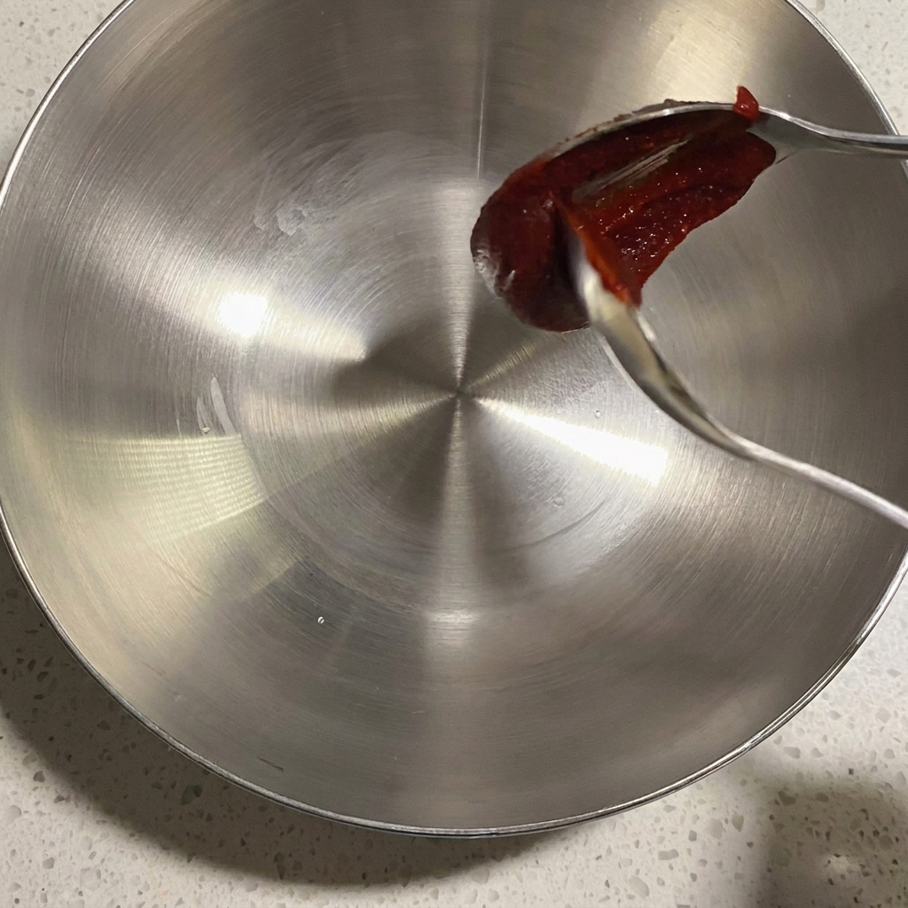 Gros plan sur un bol en métal contenant divers assaisonnements et sauces prêts à être mélangés.