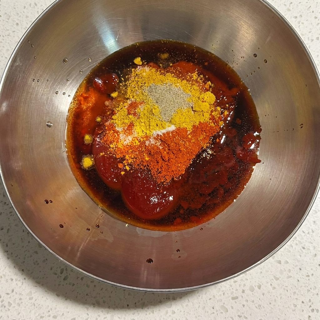 Morceaux de poulet mélangés à la main dans un bol de marinade sombre et épicée.