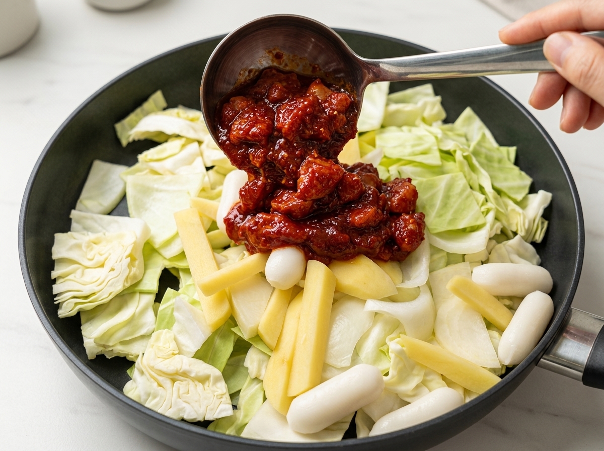 Morceaux de poulet mariné déposés sur le lit de légumes et de gâteaux de riz dans la poêle.