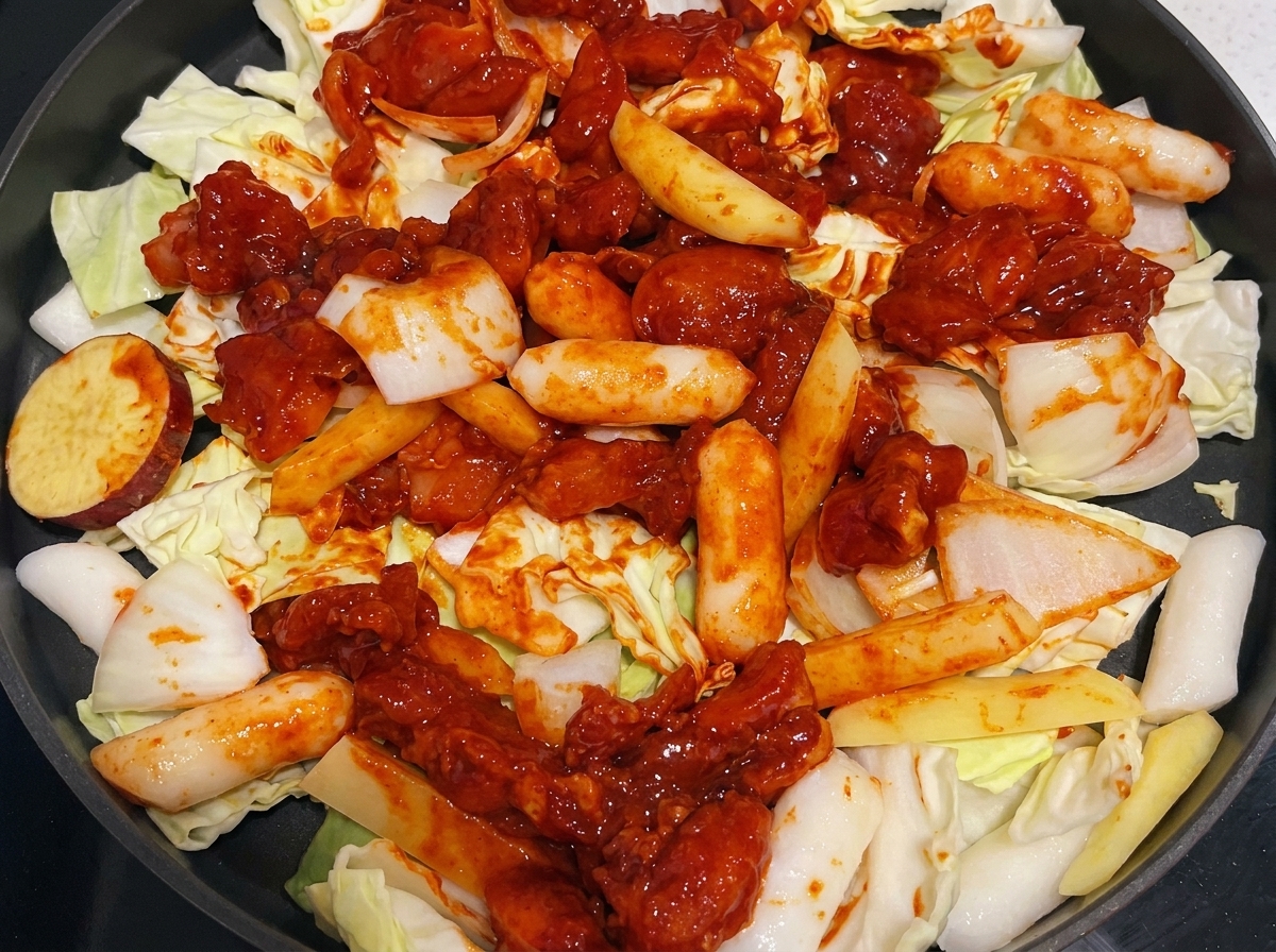 Un filet deau versé dans la poêle contenant le poulet, les légumes et les gâteaux de riz.