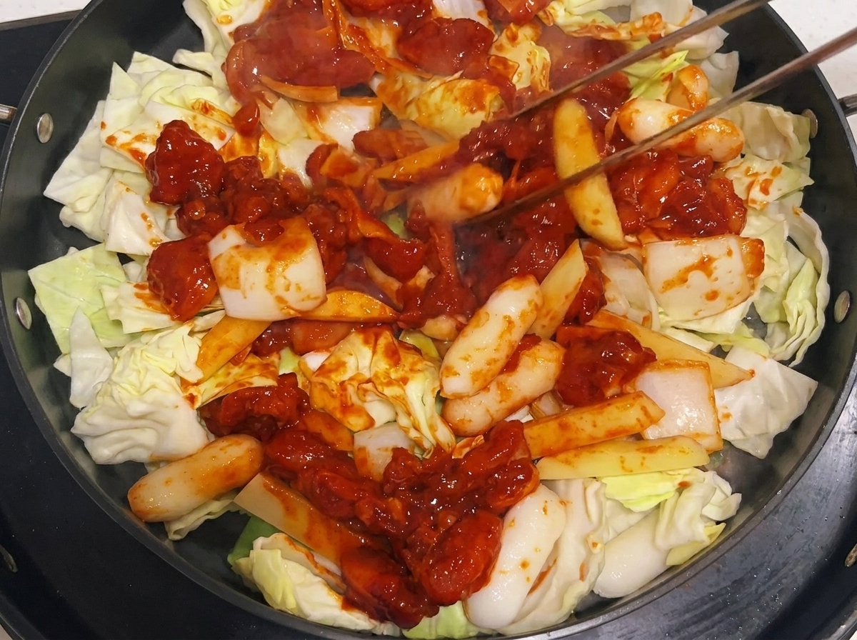 Pinces mélangeant le mélange de poulet et de légumes dans la poêle pendant la cuisson.