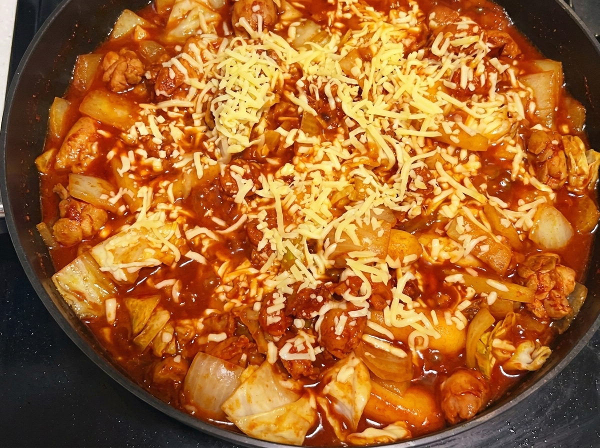 Une poêle remplie dun mélange coloré de poulet cuit, de chou et de gâteaux de riz, recouvert dune épaisse couche de mozzarella râpée en train de fondre.