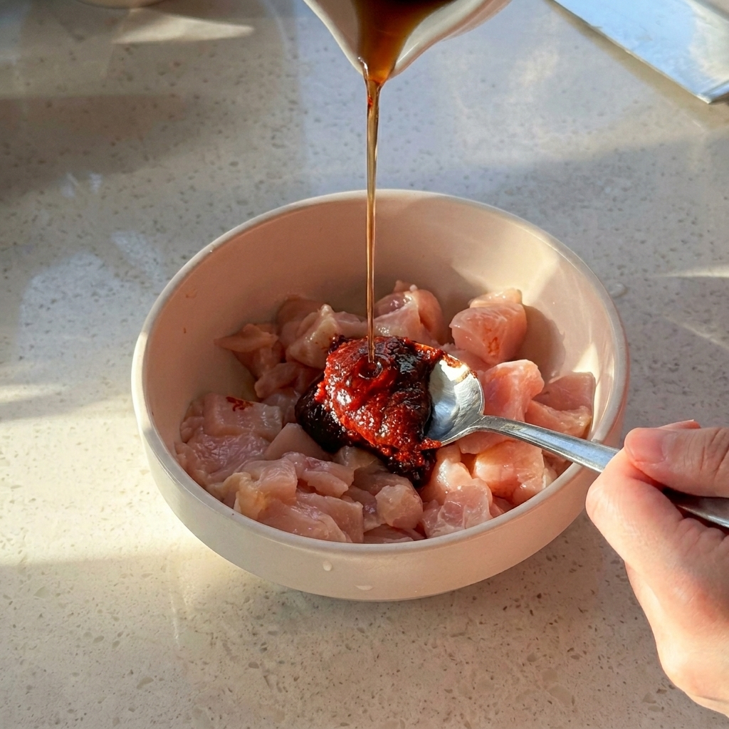 Pâte de piment versée dans un bol contenant des morceaux de poulet et une sauce sombre.