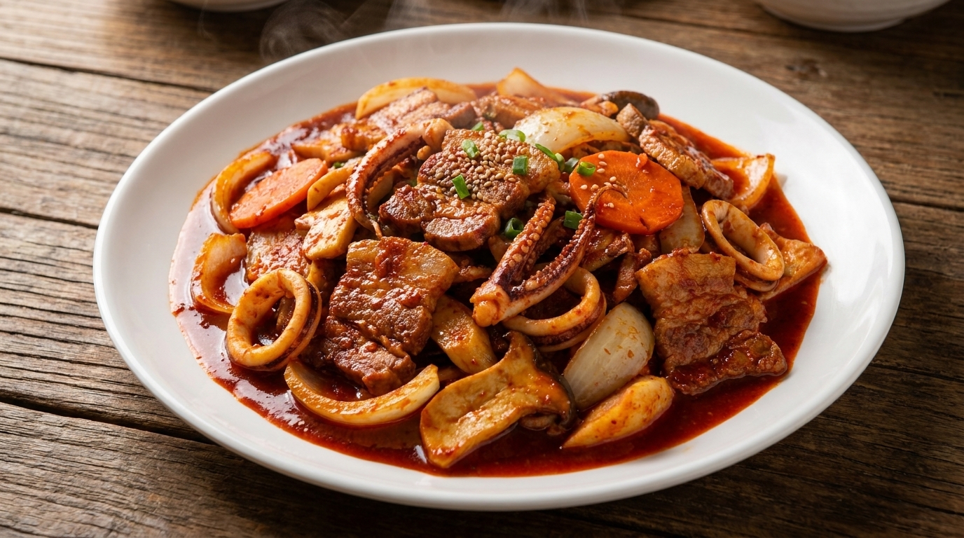 Poitrine de porc et calamar sautés aux légumes dans un glaçage épicé et savoureux.