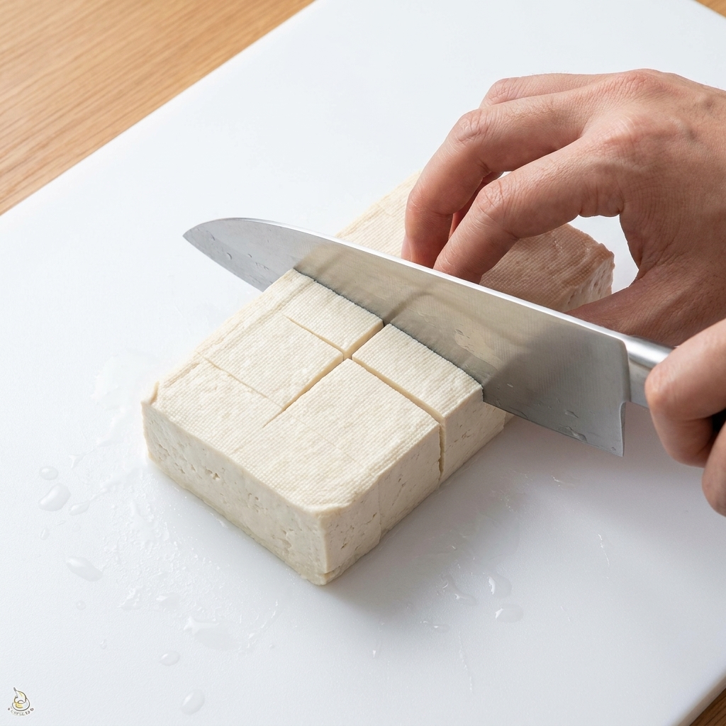 Bloc de tofu coupé soigneusement en petits cubes sur une planche à découper blanche propre.
