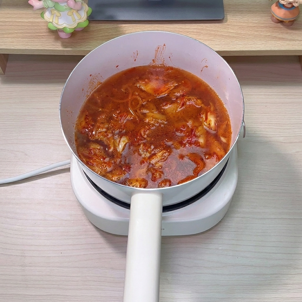 Sauce soja légère versée et essence de poulet saupoudrée dans le bouillon bouillonnant.