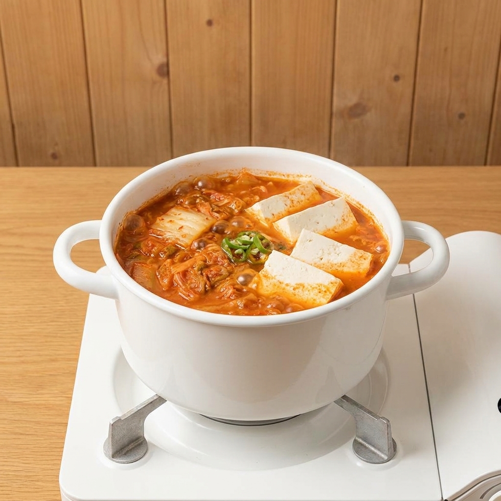 Cubes de tofu et pousses de soja fraîches posés sur la base de soupe kimchi au thon frémissante.