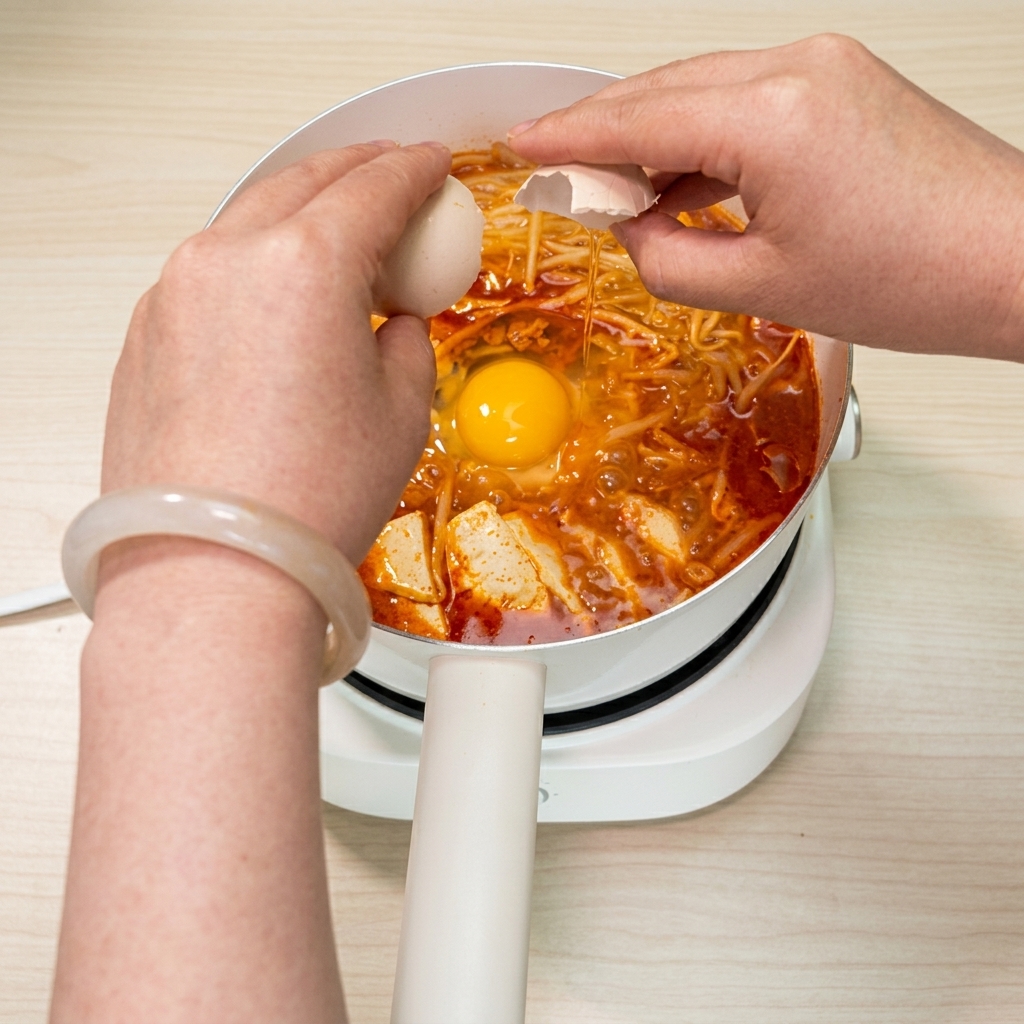 Un œuf cassé au milieu de la soupe rouge bouillonnante.