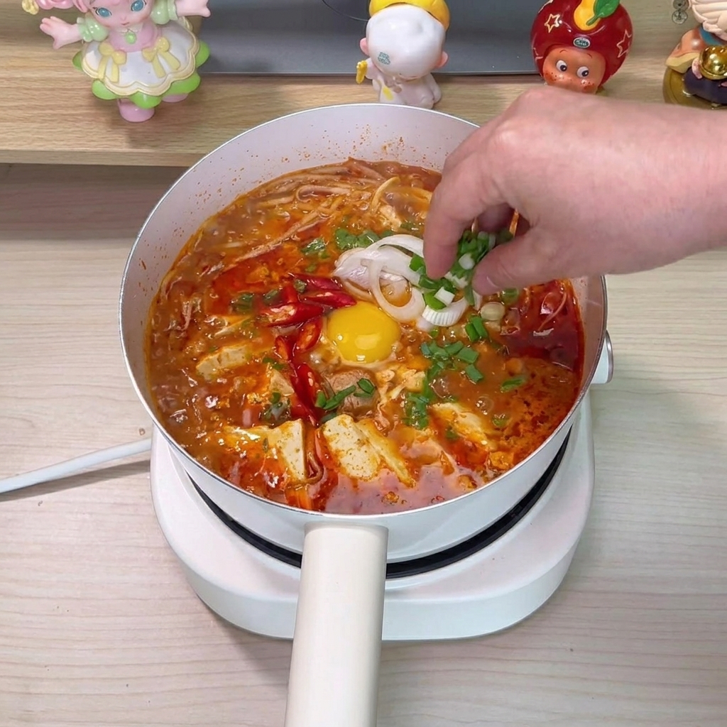 Oignons verts frais saupoudrés sur la soupe terminée.