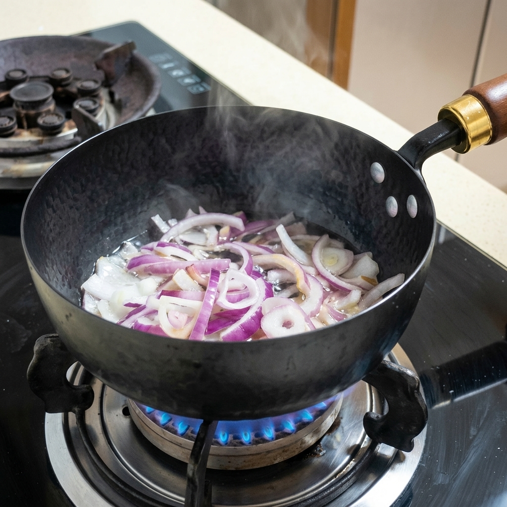 Eau versée dans une poêle contenant des oignons sautés, commençant à bouillir.